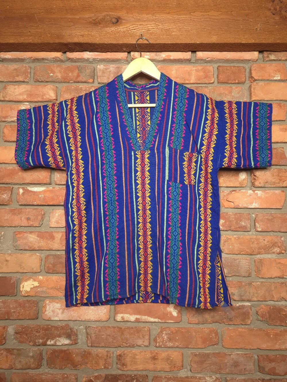 Traditional Woven Geometric Pullover Shirt V Neck Multicolor Folk Boho Artisan